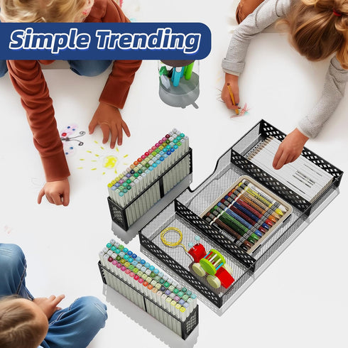 Simplie Desk Drawer Organizer Tray with 2 Pen Holders, Metal Mesh Dividers for Office, Makeup & Kitchen (Black)