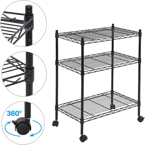 3-Shelf (24L 14W 31H) SUPER DEAL Adjustable Heavy Duty Storage Wire Shelving Unit with Wheels, Metal Organizer Wire