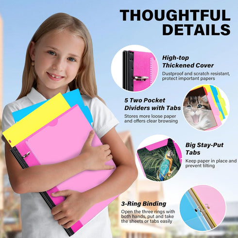 WOT I Telescoping Project Organizer 2PCS, Refillable 3 Ring Binder Pocket Folder with Custom Cover, Pink
