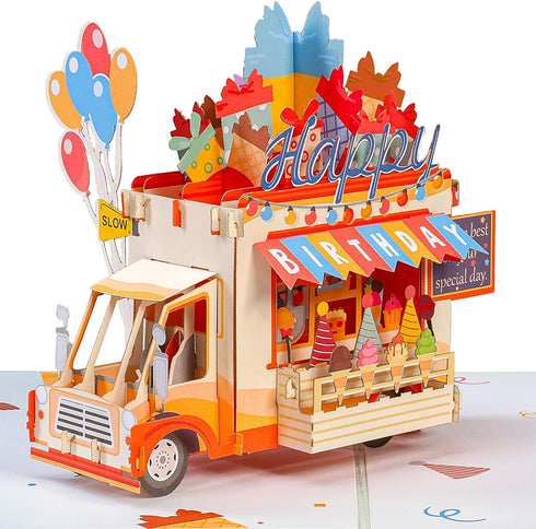 Paper Love Happy Birthday Card, 3D Ice Cream Truck Pop Up Birthday Card for Boys and Kids - 5"x7" Cover
