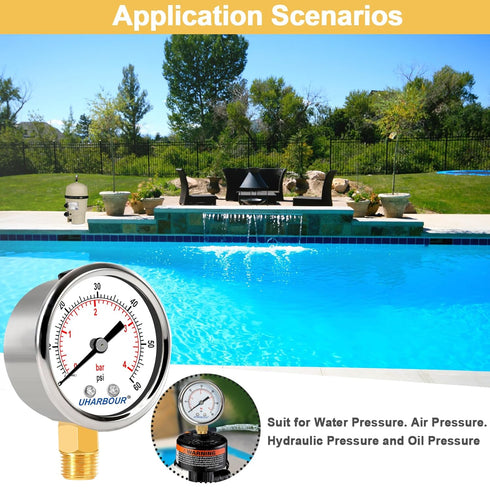 Lead-Free Water Pressure Gauge Liquid Filled 60 Psi 2" Dial, Stainless Steel Case, 1/4" NPT