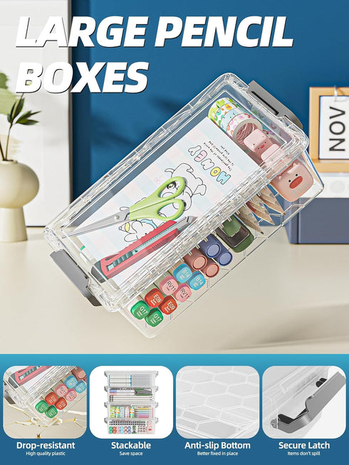BiuLeon 4 Pack Extra Large Pencil Box, Plastic Pencil Case Organizer, Clear Crayon Box Marker Organizer, Stackable