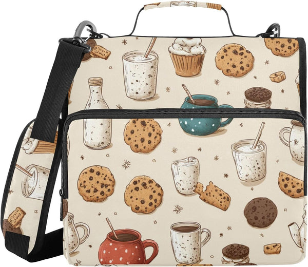 Fisyme Milk and Cookies Cute Zipper Binder 3 Ring with Zipper and Shoulder