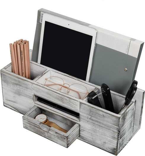 Liry Products Whitewashed Wooden Desktop Organizer | Multiple Compartments Rack Shelf for Office Supplies