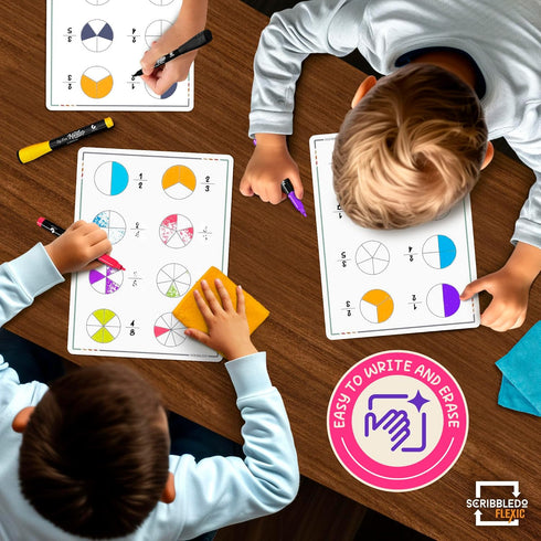 SCRIBBLEDO Fraction Manipulatives, 9”x12” Dry Erase Sheets, Math Manipulatives for 1st and 2nd Grade Students