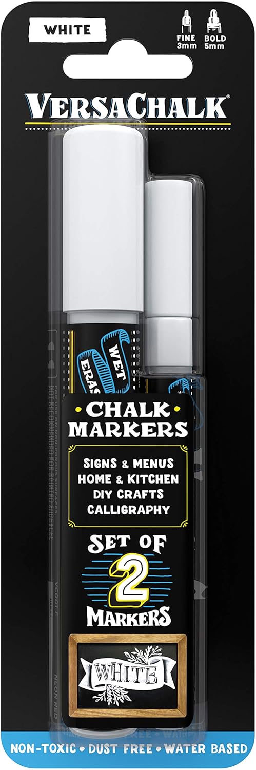 VersaChalk White Chalkboard Chalk Markers, Wet Erase Dustless Chalk Ink Paint Marker for Blackboard, Dry Erase White