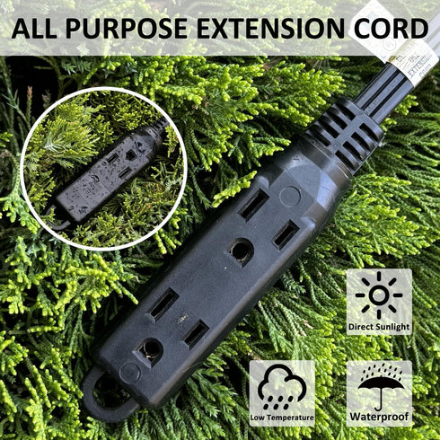 8 ft Black Extension Cord with 3 Outlets, 16AWG Flat Plug, 3 Prong Grounded Power Cable for Home, Office