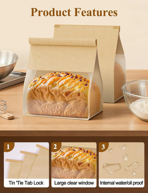 5.1"x3.9"x 11.0" Packaging (50, FireKylin Bakery Bags with Tin Tie Tab Lock Bread Bags for Homemade Bread Cookie Bags