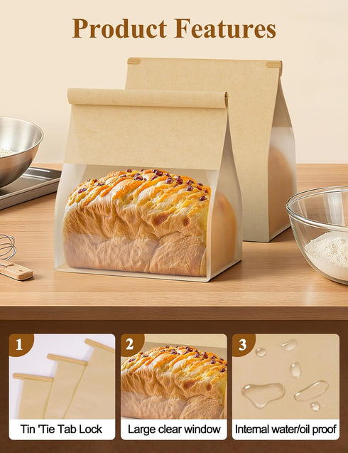 8.6"x4.3"x 11.0" Packaging (50, FireKylin Bakery Bags with Tin Tie Tab Lock Bread Bags for Homemade Bread Cookie Bags