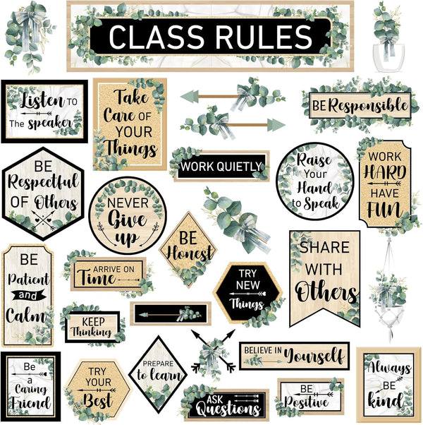 Class Rules Bulletin Board Decorations, Eucalyptus Motivational Cutouts for Classroom