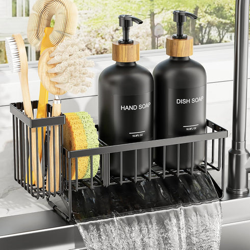 Set 2 Pack 16.9oz Set Cisily Kitchen Dish Soap Dispenser with Black Glass Bottle and Sponge Holder, Dish Soap