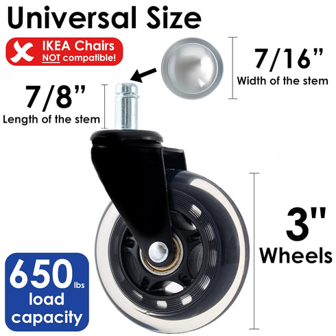 Innovative Haus Premium Office Chair Wheels Replacement Set of 5, Heavy Duty 3'' Clear Caster Wheels for Carpet &