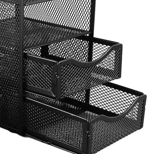 HEEPDD 3 Tier Mesh Office Desktop Organizer with 3 Drawer, Mini Desk Supplies Organizer, Metal Stationary Black Desk