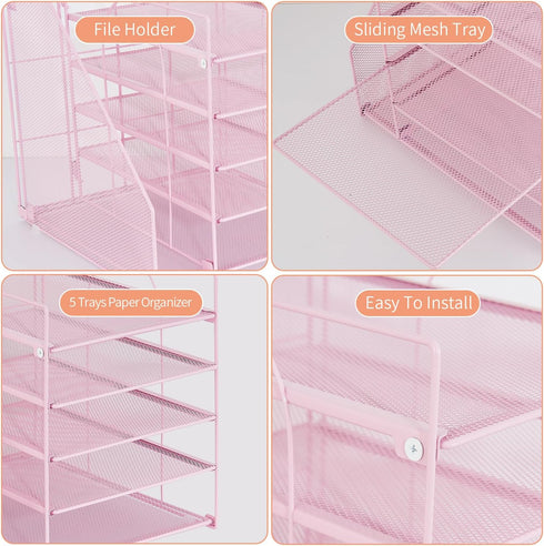 Desk Organizers and Accessories, 5-Tier Reference System with File Holder, Pink Office Supplies