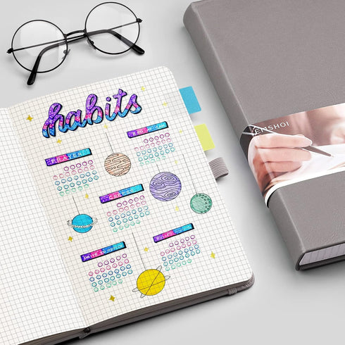 EMSHOI A5 Graph Paper Notebook - 256 Pages, Hard Cover, 120gsm Thick Paper, Smooth PU Leather, Inner Pocket, Dark Grey