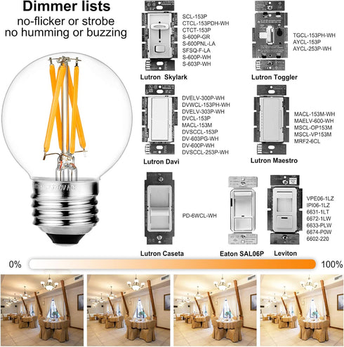 Dimmable E26 Bulb G16.5 Bulb 6W 60 Bulb AC120V 2700K E26 Bulb Bulbs 60 600lm 6Pack LiteHistory Edison Light Equal watt