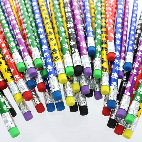 GiftExpress 48 Pcs Paw Print Pencils for Kids, Colorful Assortment Wooden Pencil with Eraser for School Supplies, Classroom Prize by GiftExpress