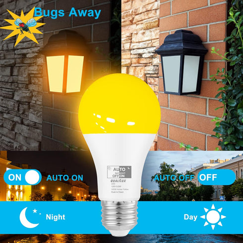 Dusk to Dawn Bug Light Bulbs Outdoor, 1900K Amber Yellow, 600 Lumen, LED 9.5W, A19 E26, 2-Pack, HQ-H017 by Qualilux
