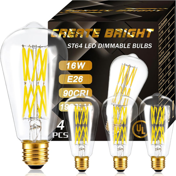 16W Dimmable ST64 LED Bulbs, 5000K Daylight White, E26 Base, Clear Glass, 1920 Lumen, Pack of 4