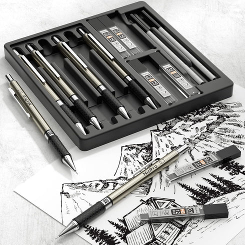 Nicpro 0.7 mm Art Mechanical Pencils Set - 6 PCS Metal Drafting Pencil with 0.7mm Tube HB Lead Refills