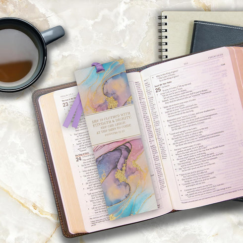 Christian Art Gifts Purple Marble Swirl Premium Scripture Bookmark with Strength and Dignity Proverbs 31:25 Bible