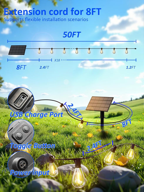 50FT 18+1 Bulbs 20+Hrs, Commercial luckystyle Solar String Lights Outdoor Waterproof with LED Long Last for Grade