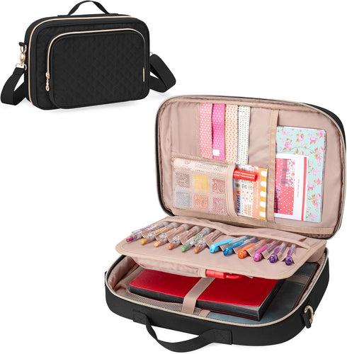 Teamoy Journal Supplies Storage Case, Holder with Detachable Pen Slots for B5 Notebooks, Planner, Black Quilted