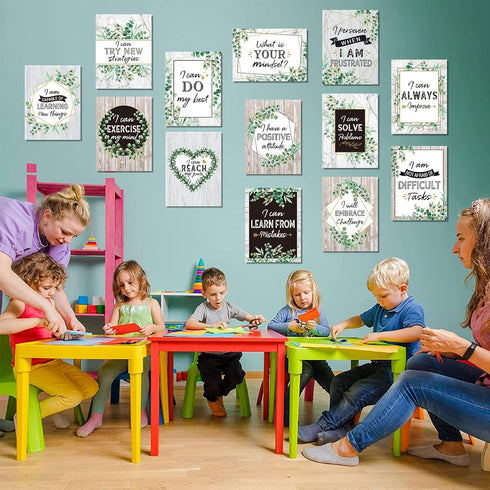 Pajean 13 Pcs Growth Mindset Posters, Simply Boho Eucalyptus Motivational Classroom Decorations for Teachers and