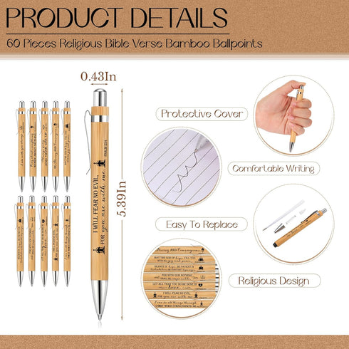 Jutom Set of 60 Christian Gift Bible Verse Retractable Bamboo Pens and Kraft Notebooks, Inspirational Notebooks