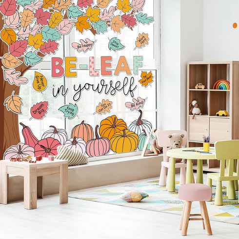 JarThenaAMCS 71Pcs Fall Tree Bulletin Board Decorations, Motivational Boho Cutouts for Classroom