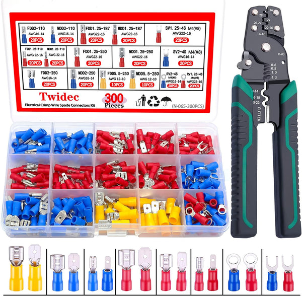 Twidec 300PCS 16 Types Spade Crimp Connectors, Male and Female Connector Kit with Wire Crimper Tool