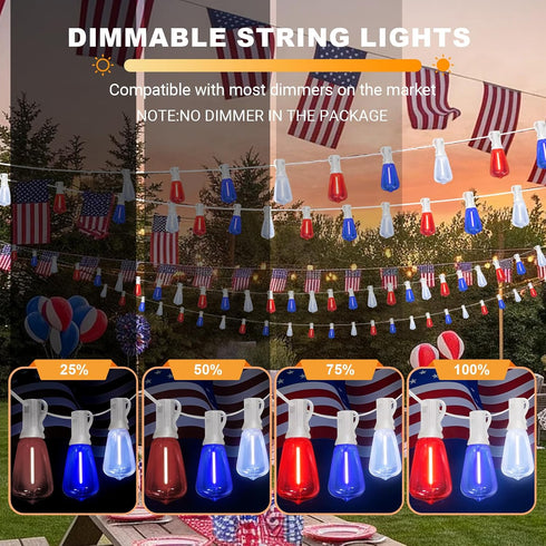 26Ft ST38 12+1 Bulbs 4th LAMPHOME Red White Blue LED String Lights, Patriotic Red White and Blue Lights Outdoor