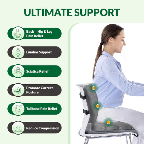 FuturaLoom Set, Tailbone Seat Cushion & Adjustable Lumbar Support Pillow Charcoal Memory Foam Back & Pain Relief