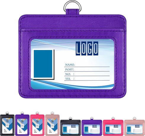 Wisdompro 2-Sided PU Leather ID Badge Holder - Purple (Horizontal) with 1 ID Window, 1 Card Slot, and 1 Piece 23 Inch