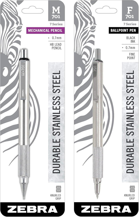 Zebra Pen Model F/M 701 Mechanical Pencil and Ballpoint Pen Set, Stainless Steel, Pack of 2