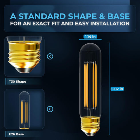6-Pack T10 Bulbs T30 E26 6W 5.0in 2700K 60W DIMMABLE, 660 BlueStars Tubular LED Light Medium Base, Warm White