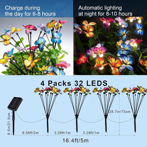 4 Pack 32LED 8 Solar Butterfly Ligths Outdoor Solar Power Garden Lights Firefly Butterfly Swaying Light Modes Realistic