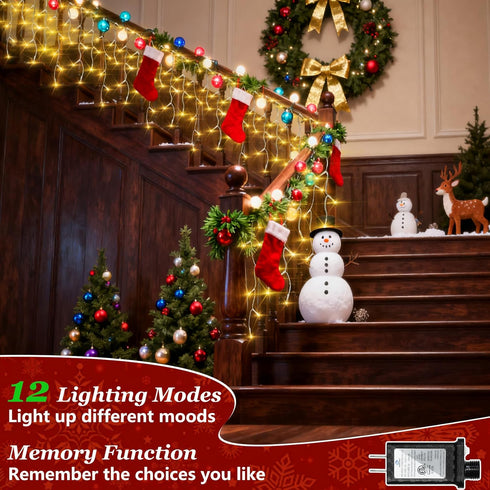 670 66ft 148 12 Dimmable LED Christmas Lights Outdoor, Warm White String Lights Indoor with Drops Modes, Curtain Window
