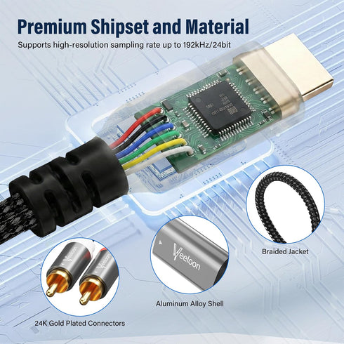 Veeloon 2 3 Splitter,192KHz PCM HDMI ARC to RCA Audio Extractor Converter Cable FT for TV to Soundbar,USB Powered