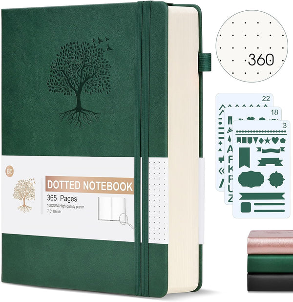 Dotted Journal Notebook - 360 Numbered Pages, Bullet Dot Journals, 100gsm Thick Hardcover Leather Journal for Writing