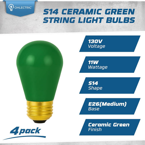 Bulbs (4-Pack) Bulbs S14 Dimmable 11W E26 Bulb 130V OHLECTRIC String Light Christmas Ceramic Green Incandescent Base