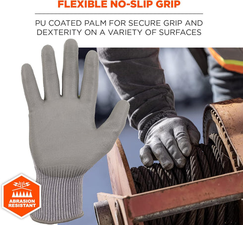Ergodyne ProFlex 7024 Cut Resistant Work Gloves, ANSI A2, PU Coated Palms for Flexible No Slip Grip, Gray, Medium