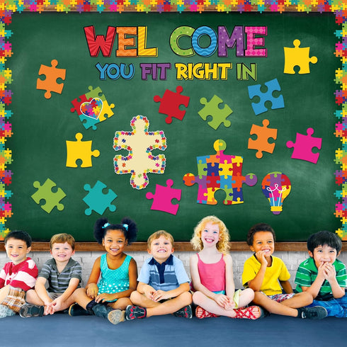 Pasimy 113 Pcs Welcome Bulletin Board Set, Puzzle Pieces Classroom Decorations with Border Trims and Cutouts