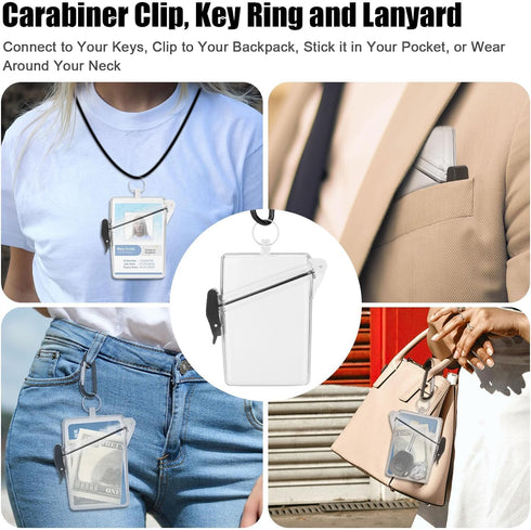 Transparent Clear Waterproof ID Card Badge Holder Case, Vertical Holders with Lanyard and Keychain for Office Supplies