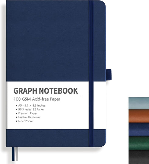 RETTACY Graph Paper Notebook, 192 Pages, Graph Grid Paper for Work, School, 100 GSM Paper, Leather Hardcover, Inner