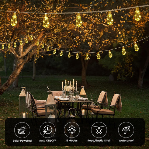 24FT 20 Bulbs, 8 Solar String Lights, Solar Outdoor String Lights, Solar Powered Patio Lights with Shatterproof