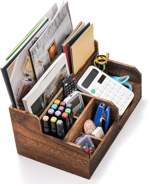 Brown Wooden Mail Organizer with 7 Compartments and Drawer, Rustic Desk Organizer with Pen Holder, Tabletop Mail Basket