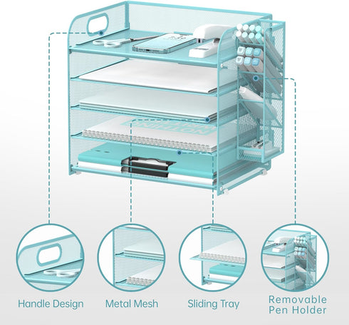 SUPEASY 5 Tier Desk Organizer with Handle & Removable Pen Holders, Blue Mesh Paper/File Organizer for Desk