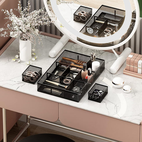 Marbrasse 3 Packs Desk Drawer Organizers, Tray with 9 Adjustable Compartments for Makeup & Office Supplies (2Pack-Black)