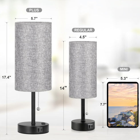 17.4Inches 3 Grey Bedside Lamp for Bedroom Nightstand - Tall Table Lamp with USB A + C Charging Port & AC Outlet, Color